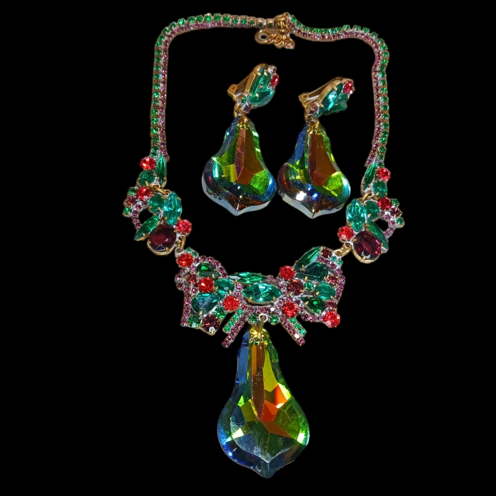 Vintage Rare LILIEN CZECH Watermelon Crystal  Rhinestone  NECKLACE & EARRING Set